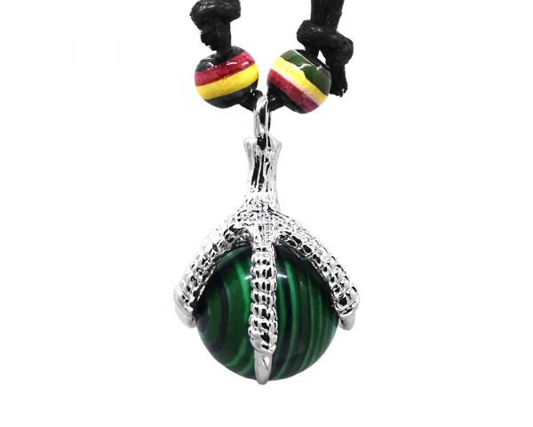 Handmade round-shaped tumbled gemstone crystal ball pendant with silver metal dragon claw on adjustable necklace in green malachite.