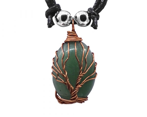 Mia Jewel Shop: Copper metal wire wrapped Tree of Life oval-shaped stone cabochon pendant on adjustable necklace in green aventurine.