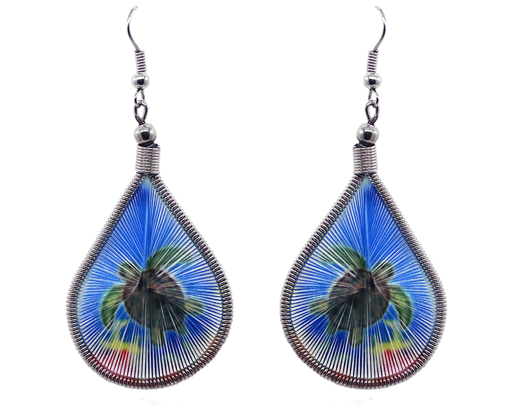 EA-010838040501 Teardrop-shaped thread dangle earrings with alpaca silver wire and sea turtle graphic image in green, blue, red, and yellow color combination.