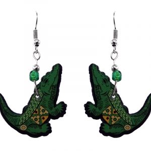 Mia Jewel Shop: Tribal pattern alligator acrylic dangle earrings with beaded metal hooks in green, yellow, and black color combination.