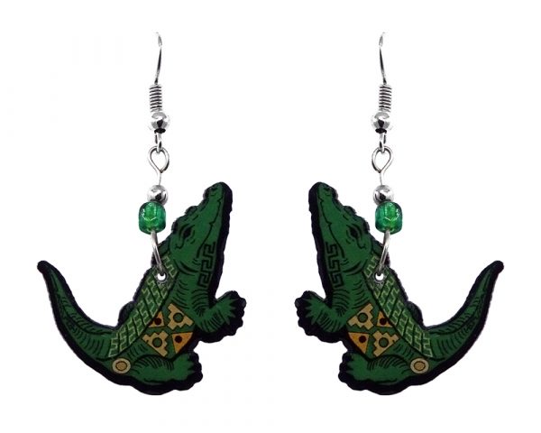 Mia Jewel Shop: Tribal pattern alligator acrylic dangle earrings with beaded metal hooks in green, yellow, and black color combination.