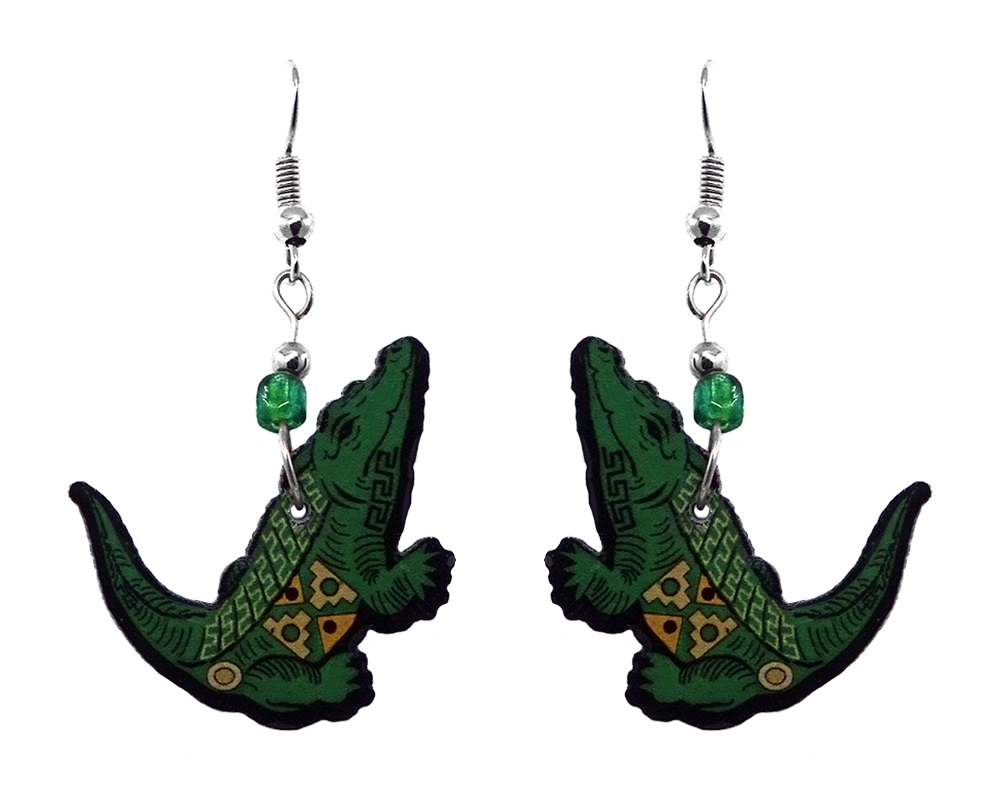 Mia Jewel Shop: Tribal pattern alligator acrylic dangle earrings with beaded metal hooks in green, yellow, and black color combination.