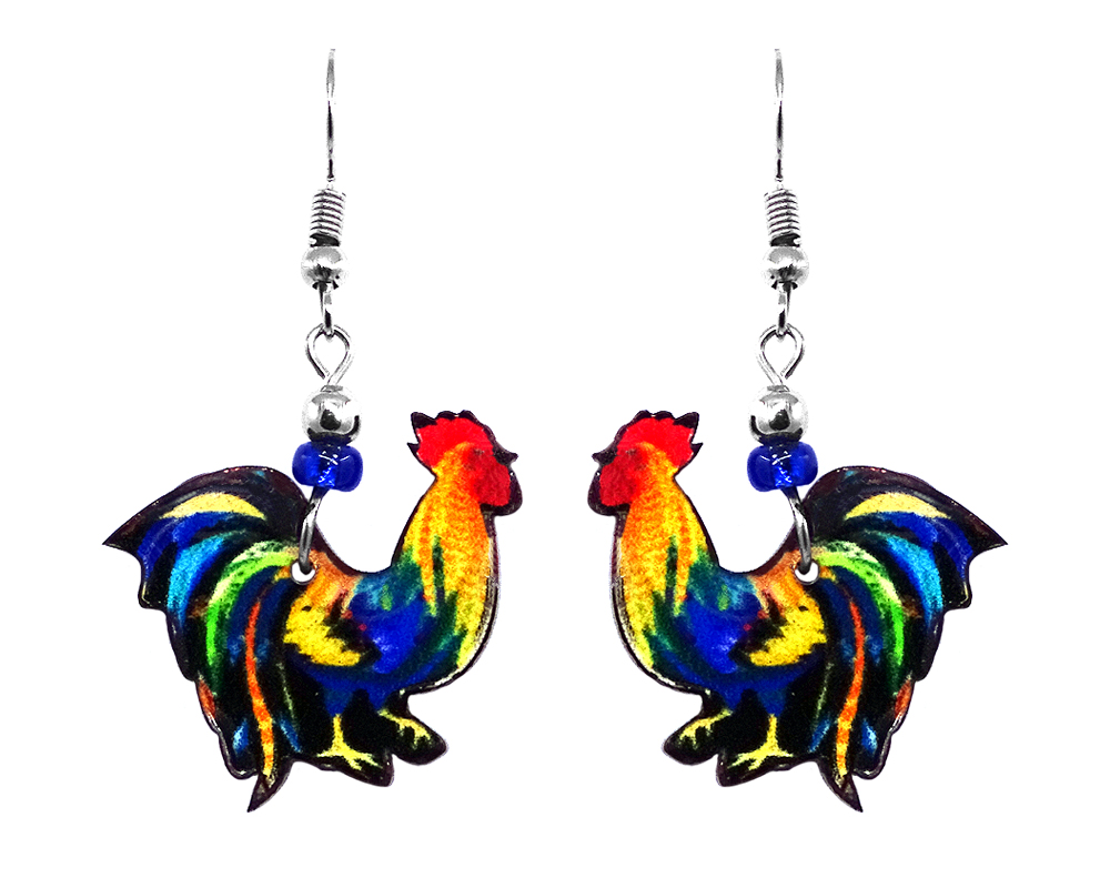 EA-047400053301 Rooster bird acrylic dangle earrings with beaded metal hooks in multicolored color combination.