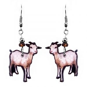 Goat acrylic dangle earrings with beaded metal hook in white and beige color combination.