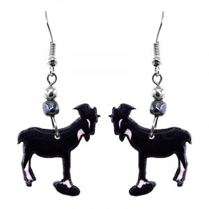 Goat acrylic dangle earrings with beaded metal hook in black and white color combination.