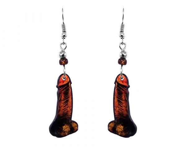 Penis dildo acrylic dangle earrings with beaded metal hooks in nude color.