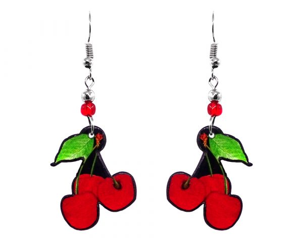 Cherry fruit acrylic dangle earrings with beaded metal hooks in red, black, and lime green color combination.