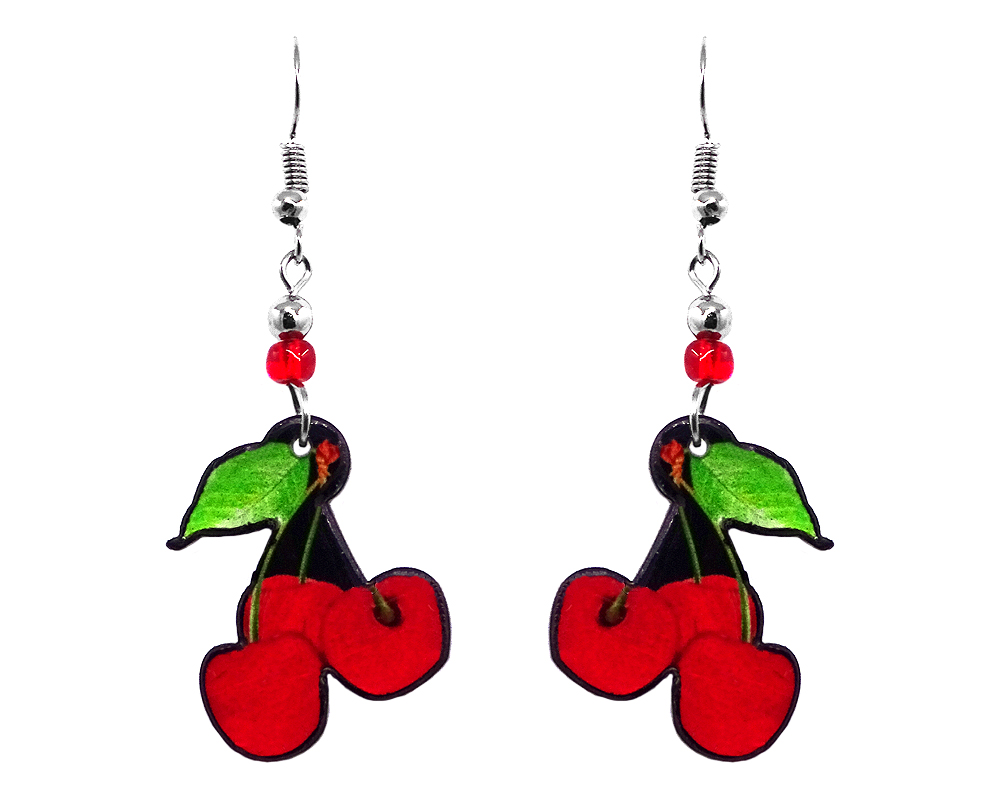 Cherry fruit acrylic dangle earrings with beaded metal hooks in red, black, and lime green color combination.