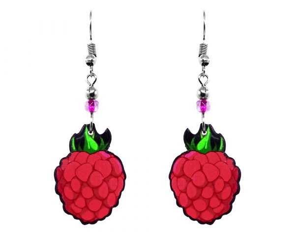 Raspberry fruit acrylic dangle earrings with beaded metal hooks in red, dark pink, and lime green color combination.