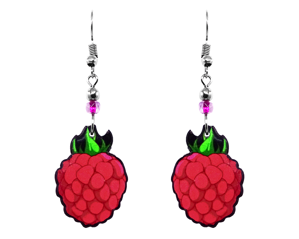 Raspberry fruit acrylic dangle earrings with beaded metal hooks in red, dark pink, and lime green color combination.