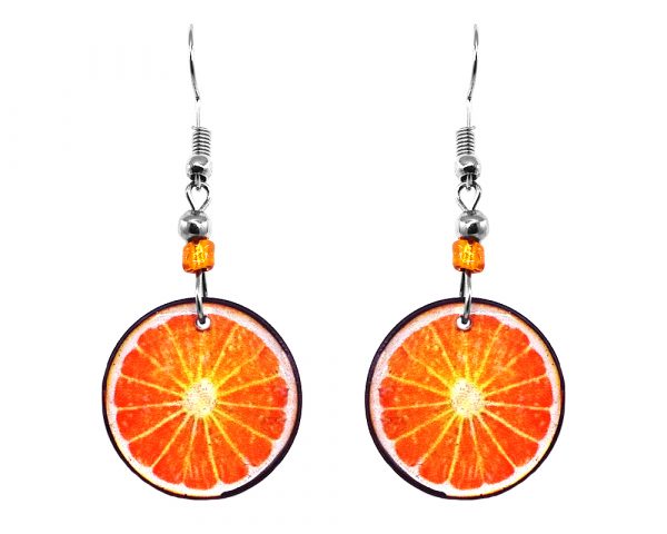 Sliced orange fruit acrylic dangle earrings with beaded metal hooks in orange, peach, and white color combination.