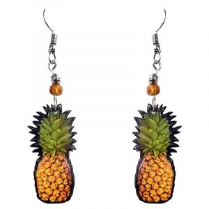 Pineapple fruit acrylic dangle earrings with beaded metal hooks in tan, golden yellow, and green color combination.