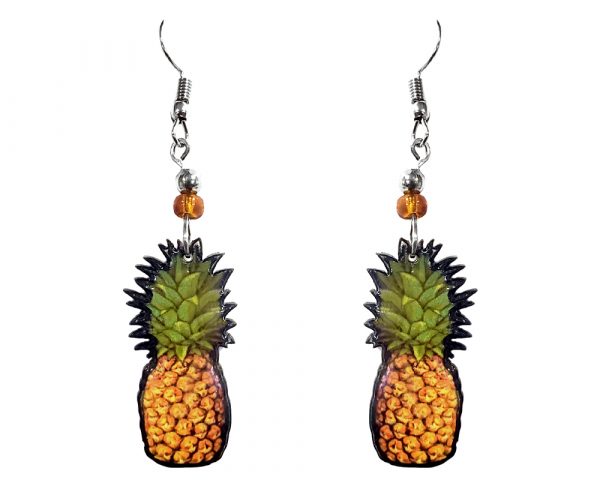Pineapple fruit acrylic dangle earrings with beaded metal hooks in tan, golden yellow, and green color combination.