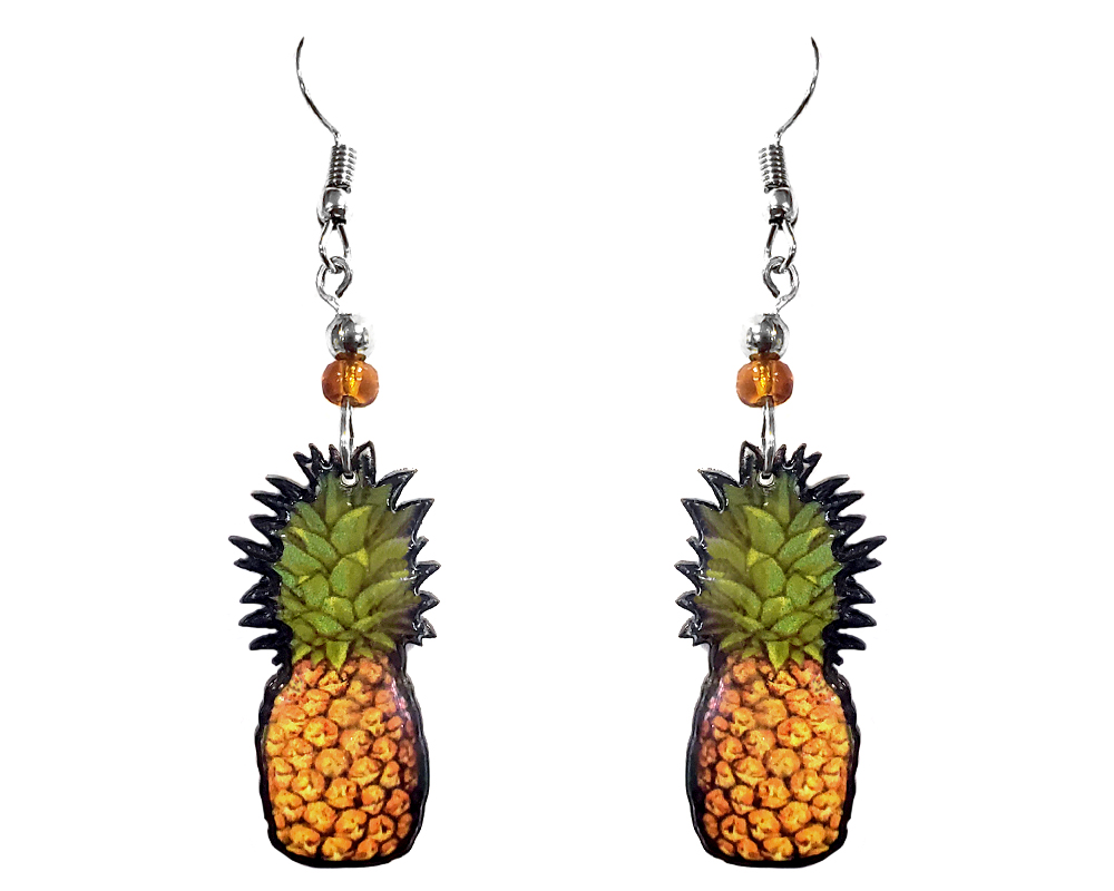Pineapple fruit acrylic dangle earrings with beaded metal hooks in tan, golden yellow, and green color combination.