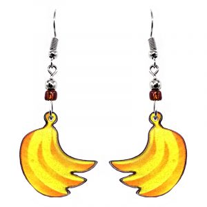 Banana fruit acrylic dangle earrings with beaded metal hooks in yellow and golden yellow color combination.