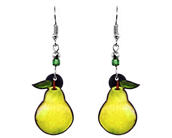 Pear fruit acrylic dangle earrings with beaded metal hooks in green yellow color combination.