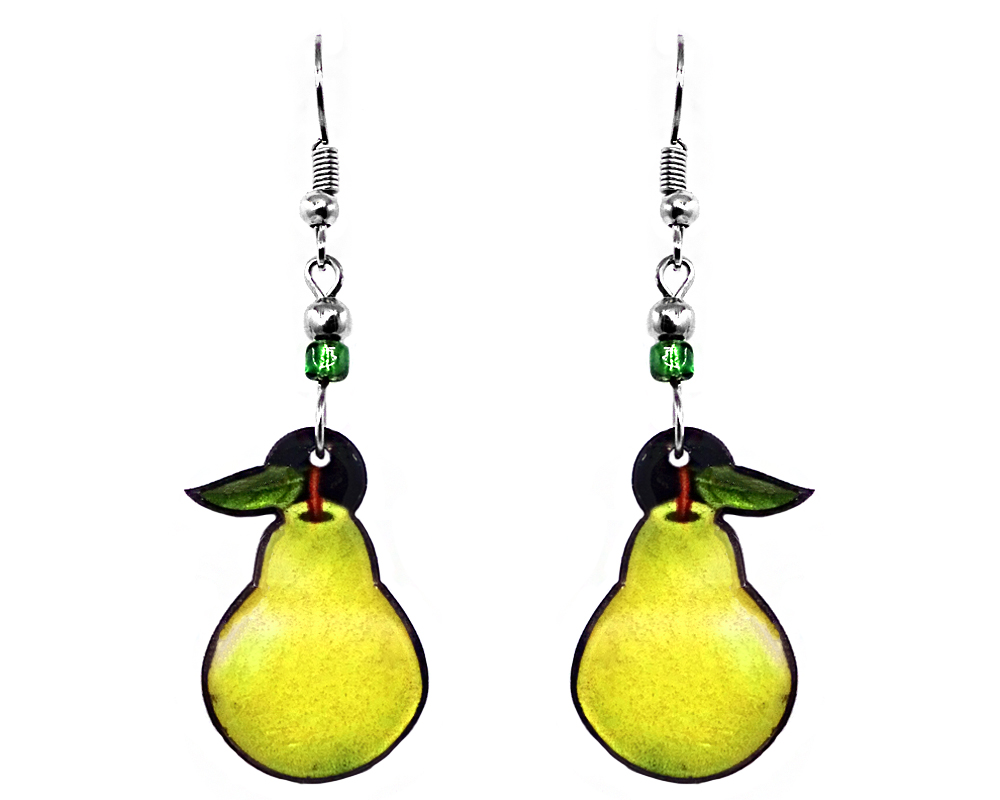 Pear fruit acrylic dangle earrings with beaded metal hooks in green yellow color combination.