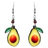 Avocado fruit acrylic dangle earrings with beaded metal hooks in lime green, yellow, green, and brown color combination.