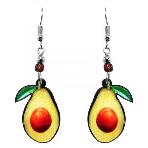 Avocado fruit acrylic dangle earrings with beaded metal hooks in lime green, yellow, green, and brown color combination.