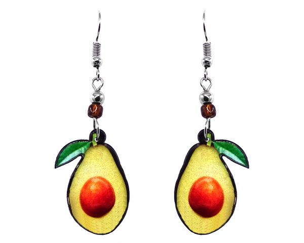 Avocado fruit acrylic dangle earrings with beaded metal hooks in lime green, yellow, green, and brown color combination.