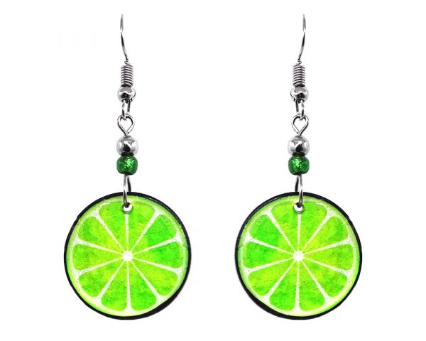 Lime fruit acrylic dangle earrings with beaded metal hooks in lime green and white color combination.