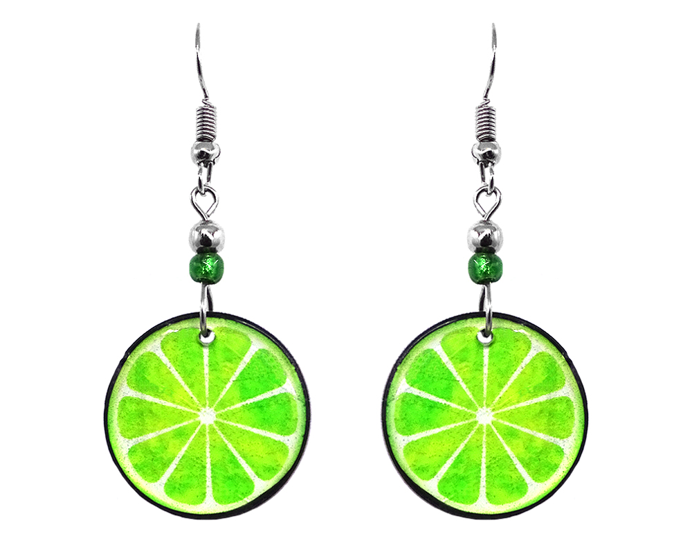 Lime fruit acrylic dangle earrings with beaded metal hooks in lime green and white color combination.