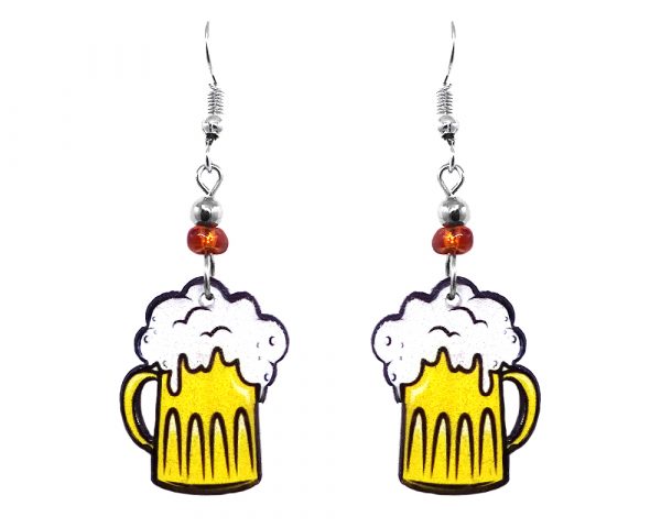 Beer mug acrylic dangle earrings with beaded metal hooks in yellow, white, and black color combination.