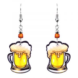 Beer mug acrylic dangle earrings with beaded metal hooks in beige, yellow, white, and black color combination.