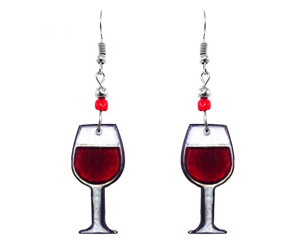 Wine glass acrylic dangle earrings with beaded metal hooks in dark red burgundy and white color combination.