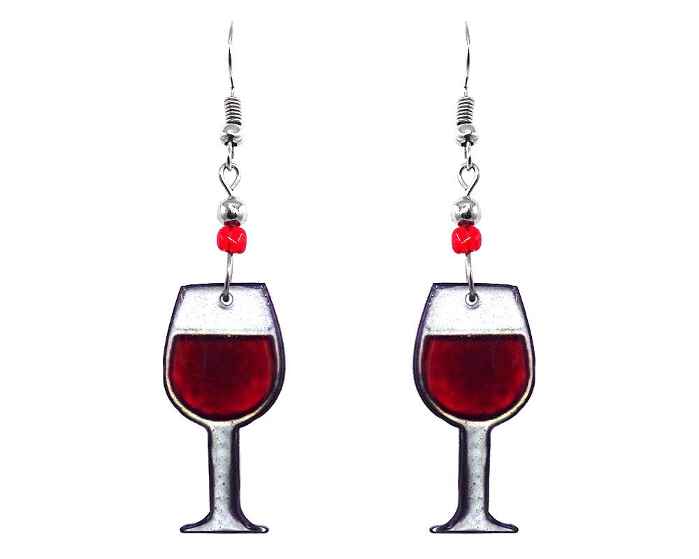 Wine glass acrylic dangle earrings with beaded metal hooks in dark red burgundy and white color combination.