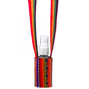 Handwoven hand sanitizer holder necklace with multicolored tribal print striped pattern material in Rasta colors.