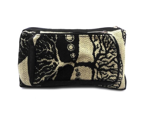 Rectangle-shaped fanny pack bag with tree of life print pattern in beige and black color combination.
