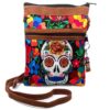 MB-030105099908 Handmade medium-sized slim rectangular brown vegan leather purse bag with cotton embroidered Day of the Dead sugar skull and floral designs in black and multicolored color combination.