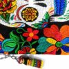 MB-030105099908-3 Handmade medium-sized slim rectangular brown vegan leather purse bag with cotton embroidered Day of the Dead sugar skull and floral designs in black and multicolored color combination.