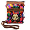 MB-030106099908 Medium-sized slim rectangular brown vegan leather purse bag with cotton embroidered Frida Kahlo cartoon doll and floral designs in black and multicolored color combination.