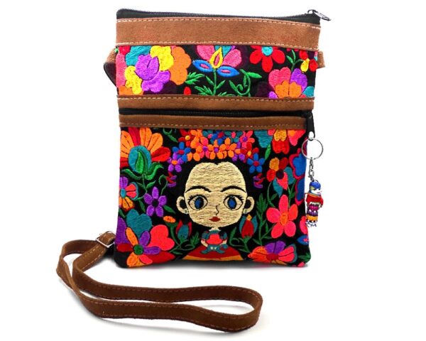 Medium-sized slim rectangular brown vegan leather purse bag with cotton embroidered Frida Kahlo cartoon doll and floral designs in black and multicolored color combination.