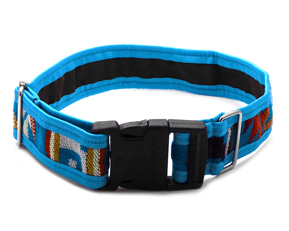 PA-010201353828 Pet dog collar with Aztec inspired tribal print pattern in turquoise blue, dark orange, golden yellow, light yellow, beige, and tan color combination.