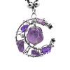 Handmade silver metal wire wrapped tumbled gemstone crystal pendant with crescent half moon design on adjustable necklace in purple amethyst.