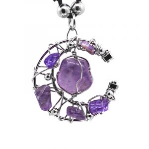 Handmade silver metal wire wrapped tumbled gemstone crystal pendant with crescent half moon design on adjustable necklace in purple amethyst.