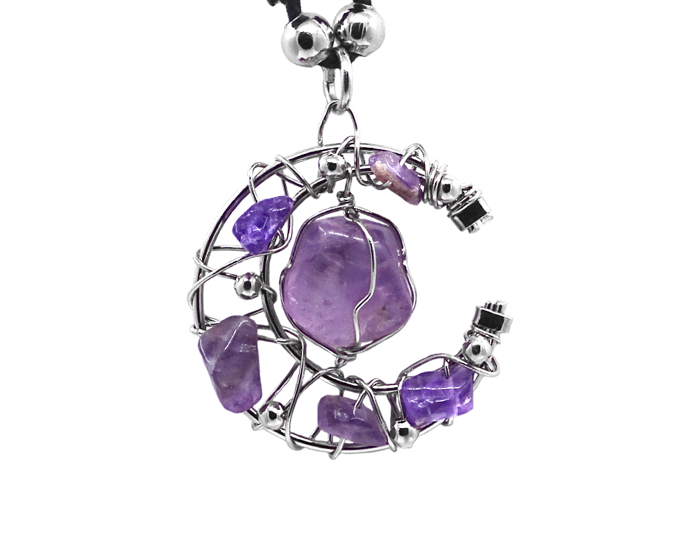 Handmade silver metal wire wrapped tumbled gemstone crystal pendant with crescent half moon design on adjustable necklace in purple amethyst.