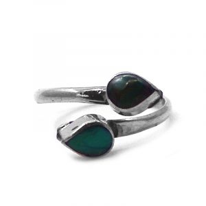 Handmade double mini teardrop-shaped gemstone cabochons on adjustable alpaca silver metal ring in teal green chrysocolla.