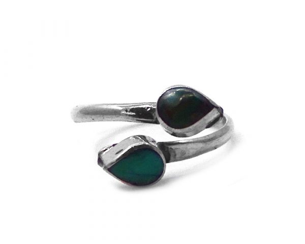 Handmade double mini teardrop-shaped gemstone cabochons on adjustable alpaca silver metal ring in teal green chrysocolla.