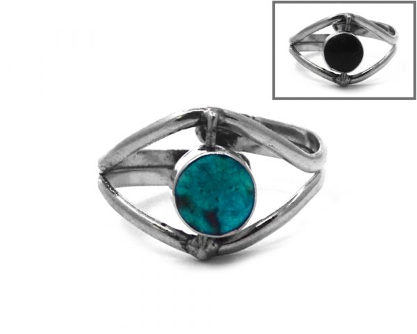 Handmade mini round-shaped reversible gemstone cabochon on alpaca silver metal eye-shaped ring in teal green chrysocolla and black onyx.