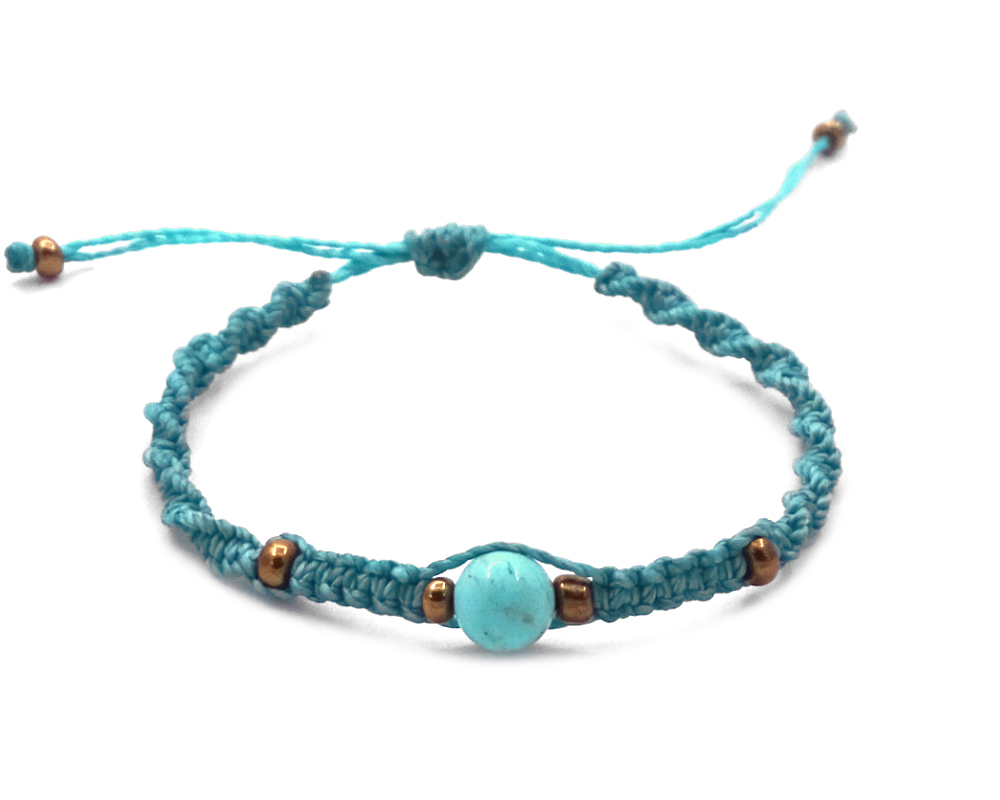 BR-070901353533 Macramé pull tie bracelet with turquoise howlite gemstone ball bead and seed bead centerpiece in turquoise blue color.