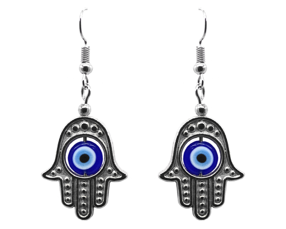 EA-140601051590 Silver metal hamsa hand charm dangle earrings with evil eye bead in blue, light blue, black, and white color combination.