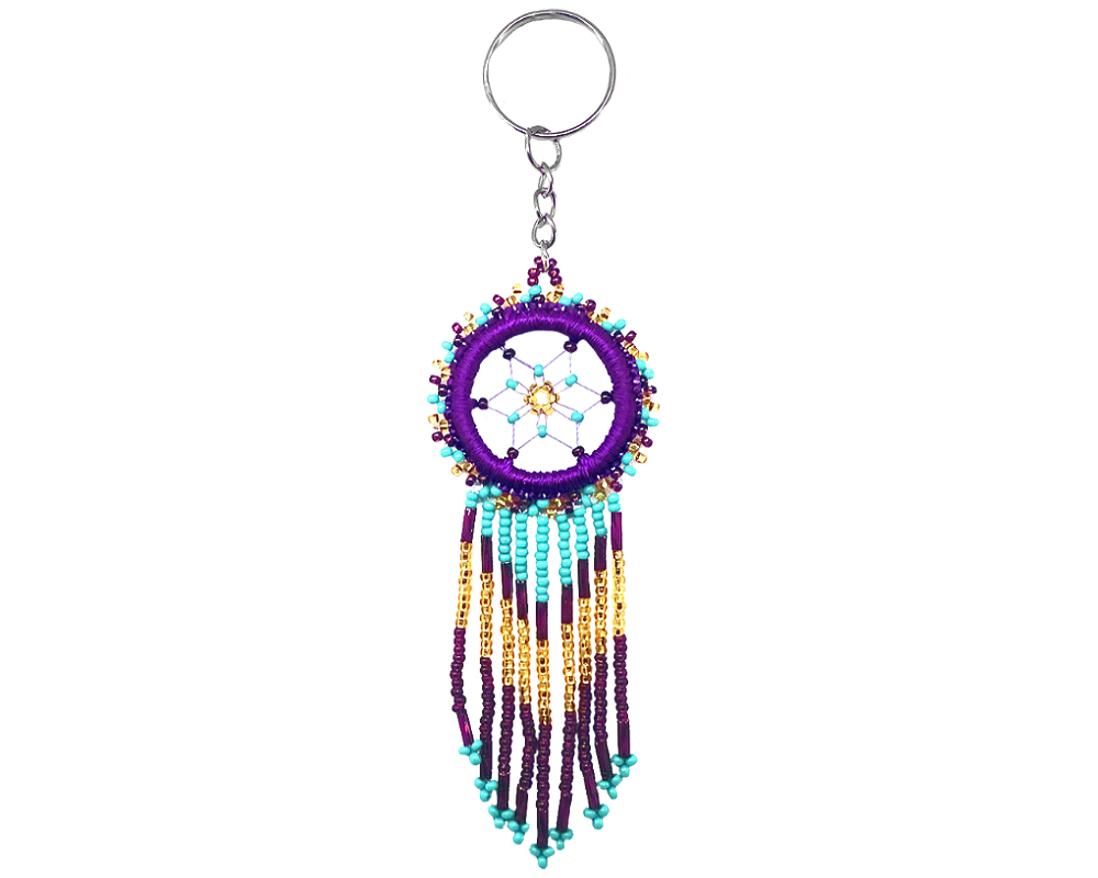 KC-010200063533 Handmade round thread and seed bead dream catcher keychain with long beaded dangles on silver metal key ring in dark purple, burgundy, turquoise mint, and gold color combination.