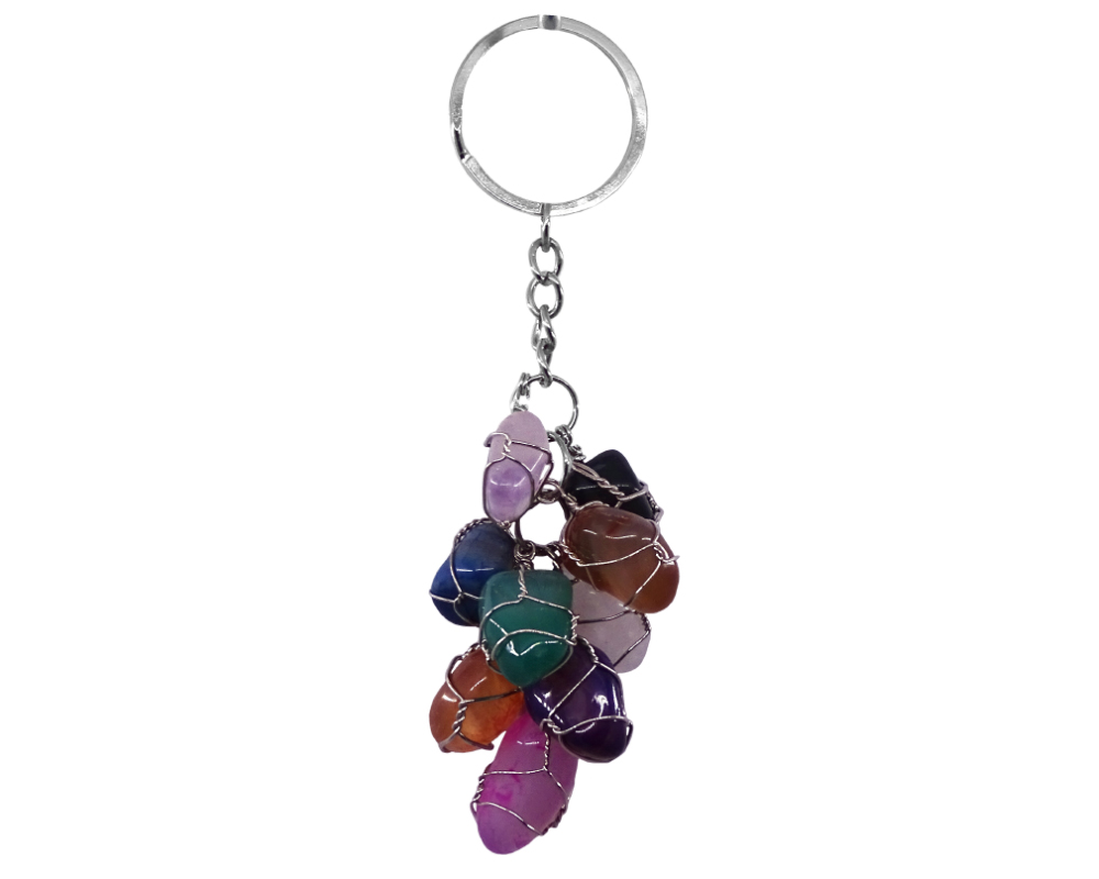 Nine wire wrapped tumbled gemstones in cluster dangle keychain on silver metal key ring in multicolored stone combination.