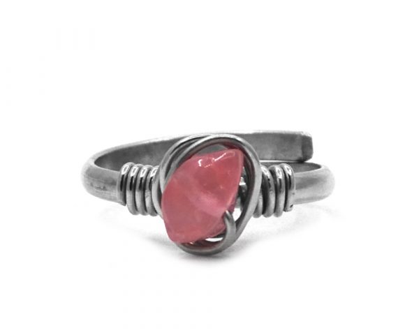 Handmade mini wire wrapped tumbled chip stone on adjustable alpaca silver metal ring in pink rose quartz.