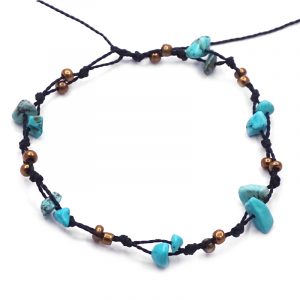 Handmade macramé string anklet with howlite chip stones and seed beads in turquoise, gold, and black color combination.