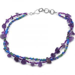 Handmade seed bead multi strand anklet with chip stones in purple amethyst, turquoise, and green color combination.